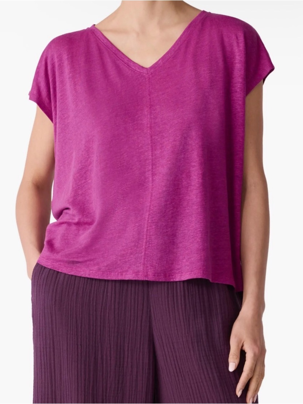Eileen Fisher Women’s V-Neck Organic Linen Relaxed Boxy T-Shirt - Size L